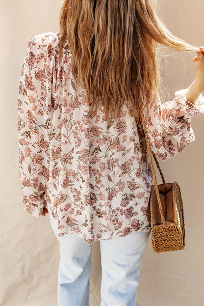 Boho Floral Print Split V Neck Bubble Sleeve Blouse