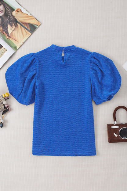 Sky Blue Solid Textured Puff Sleeve Mock Neck Blouse