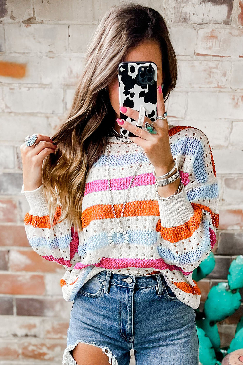 Multicolor Striped Hollowed Knitted Loose Sweater