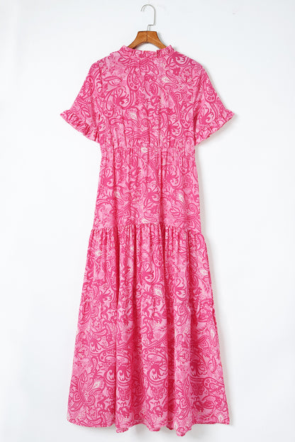 Pink Paisley Print Boho Holiday Ruffle Tiered Maxi Dress