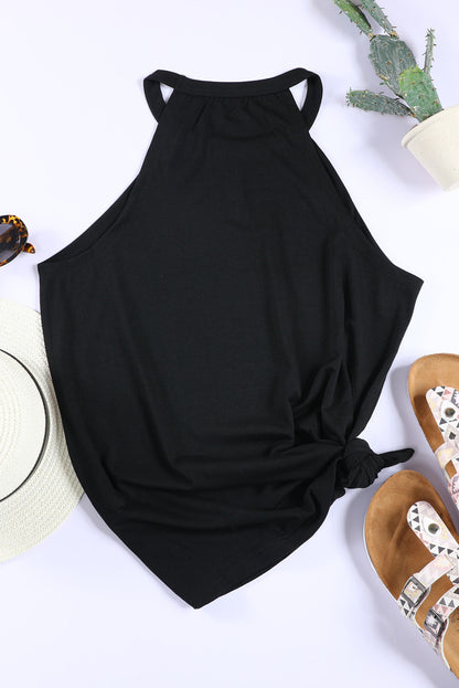 Black Solid Color Crew Neck Tank Top