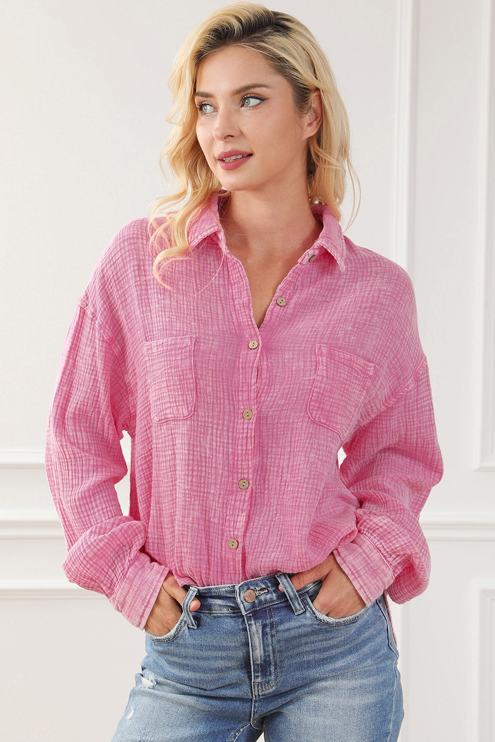 Pink Mineral Wash Crinkle Textured Chest Pockets Shirt