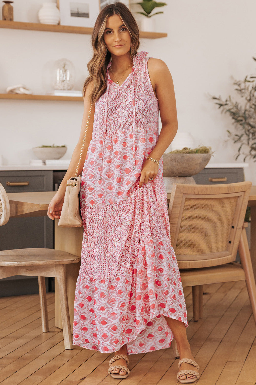 Pink Abstract Print Split Neck Sleeveless Maxi Dress