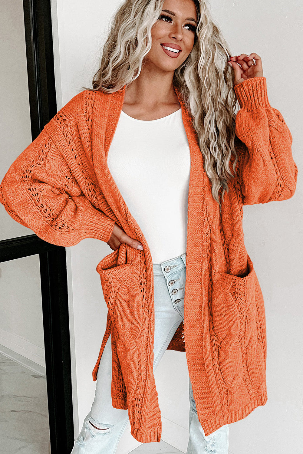 Red Ribbed Trim Hollow Knit Side Slits Cardigan