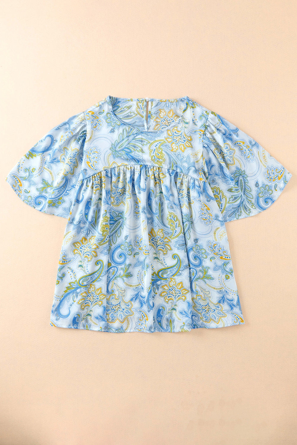 Sky Blue Paisley Print Wide Sleeves Loose Blouse