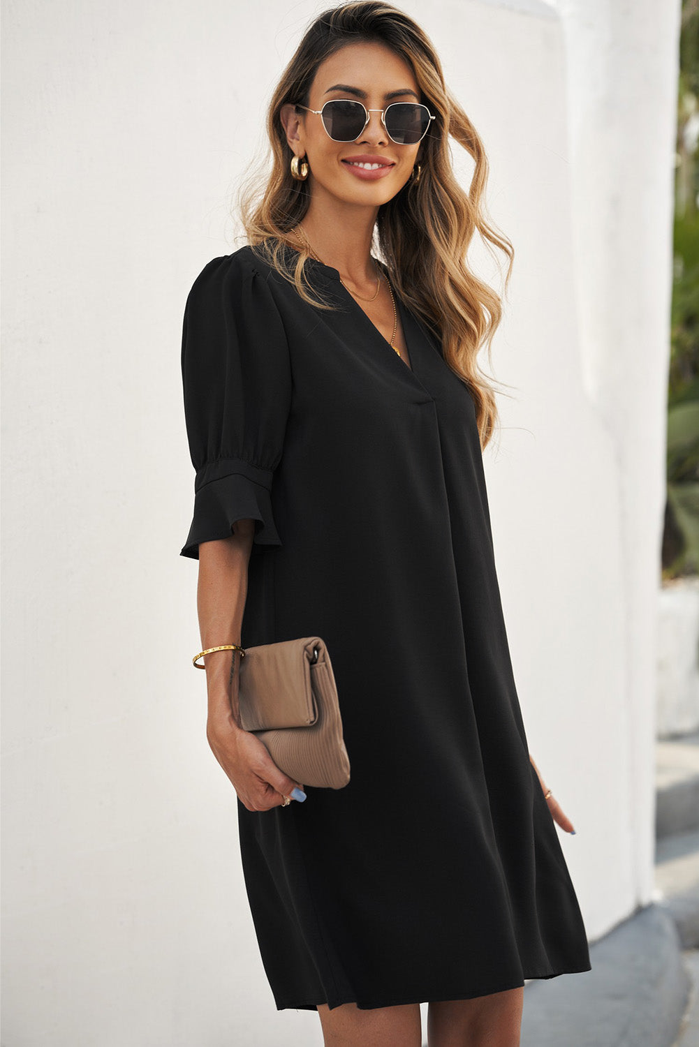 Black Ruffled Sleeve Shift Dress