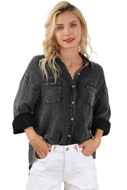 Black Mineral Wash Crinkle Textured Chest Pockets Shirt