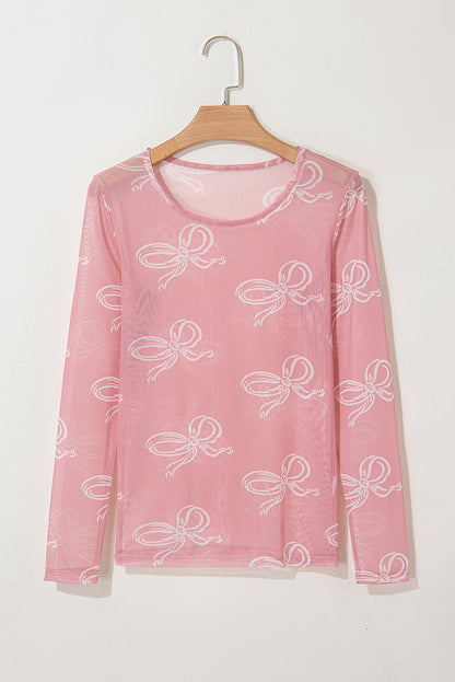 Pink Round Neck Bow Print Long Sleeve Mesh Top