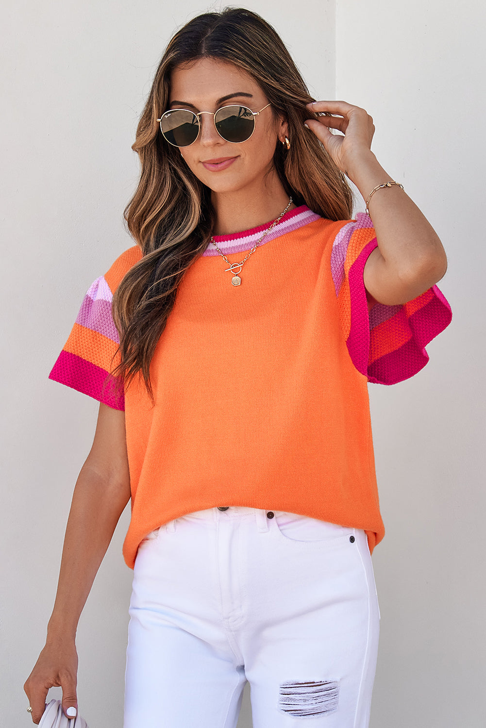 Carrot Contrast Flutter Sleeves Knitted Sweater T Shirt