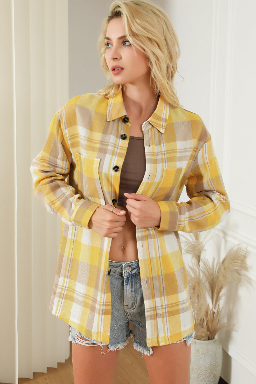 Yellow Plaid Button Up Patch Pocket Shirt