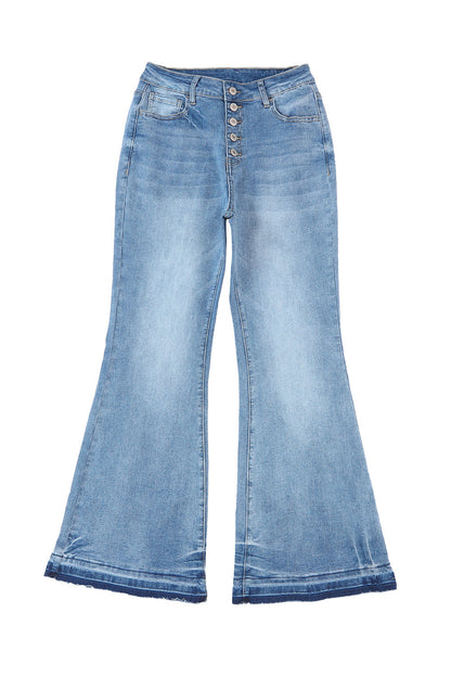 Sky Blue High Waist Buttoned Distressed Flared Jeans