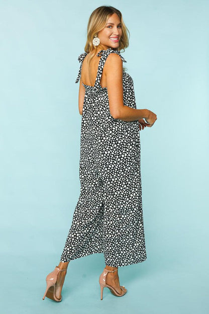 Black & White Animal Print Wide Leg  Frilled Jumpsuit