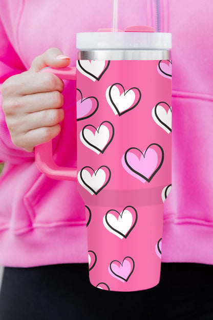 Rose Red Valentines Heart Printed Thermos Cup with Handle 40oz