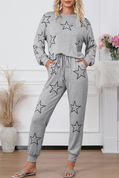 Gray Stars Print Long Sleeve Drawstring High Waist Lounge Set