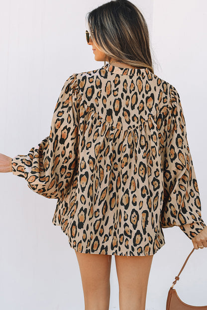 Light French Beige Oversized Leopard Print Balloon Sleeve Casual Shirt