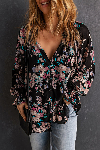 Black Wildflower Print Chiffon Blouse