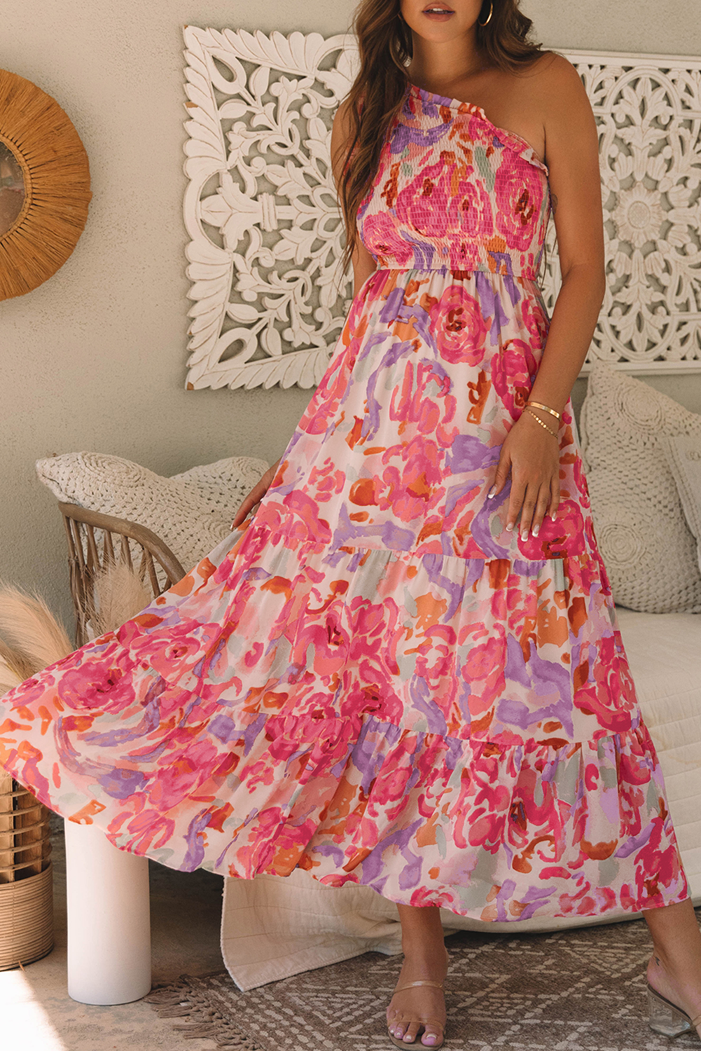 Pink Abstract Floral Print Shirred One Shoulder Maxi Dress