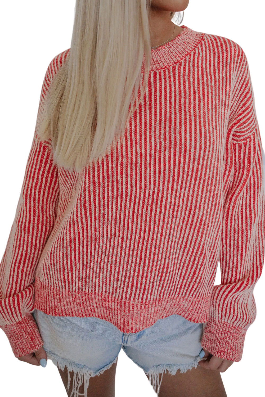 Red Casual Stripe Print Round Neck Sweater