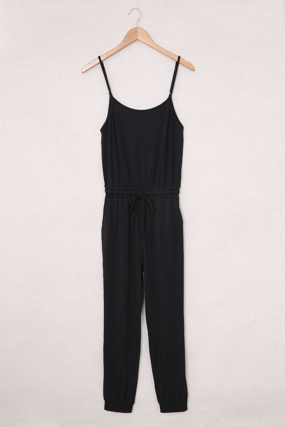 Black Drawstring Waist Spaghetti Straps Jumpsuit