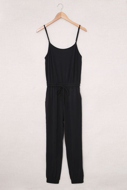 Black Drawstring Waist Spaghetti Straps Jumpsuit