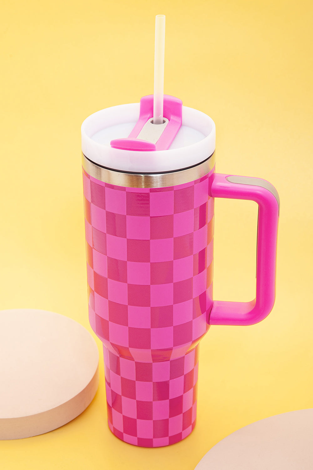 Bright Pink Checkered Print Handled Stainless Steel Tumbler Cup 40oz