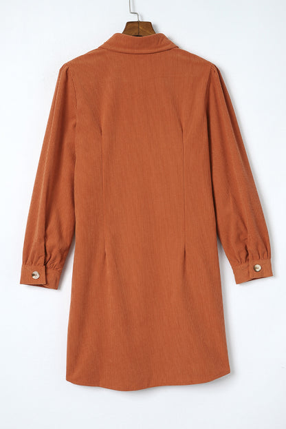 Khaki Corduroy Buttoned 	Long Sleeve Shirt Dress