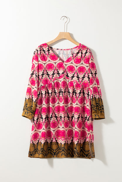 Strawberry Pink Retro Printed V Neck Bracelet Sleeve Dress