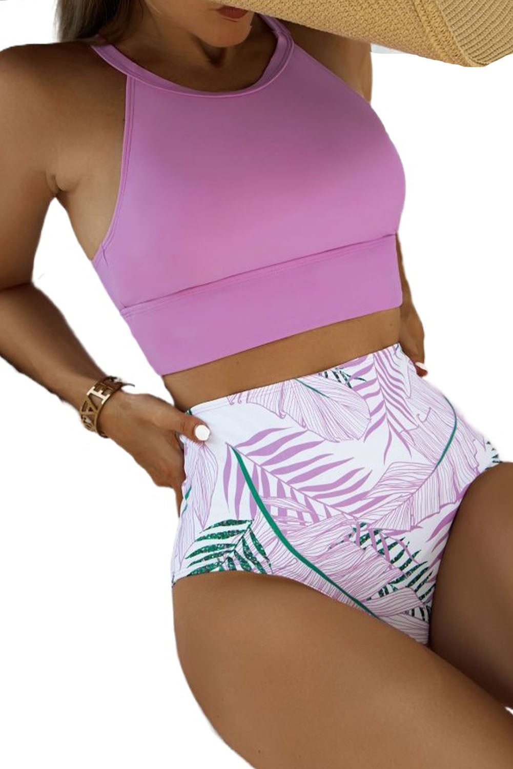 Purple Solid Strappy Halter Bikini Printed High Waist Swimsuit