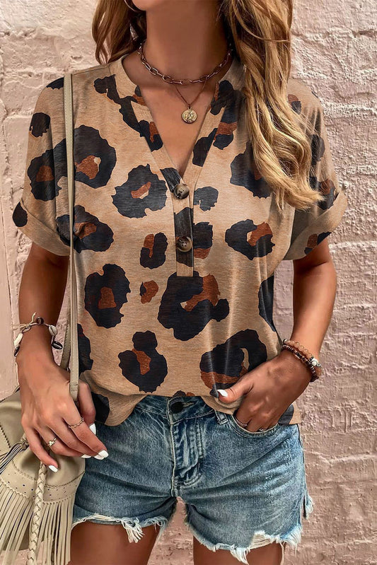 Light French Beige Leopard Folded Short Sleeve Buttoned V Neck T Shirt