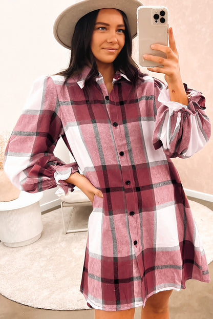 Brown Plaid Collared Ruffle Sleeve Button Up Shirt Dress