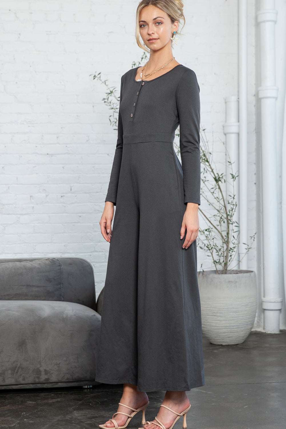 Dark Grey Henley Long Sleeve Wide Leg Jumpsuit with Pockets