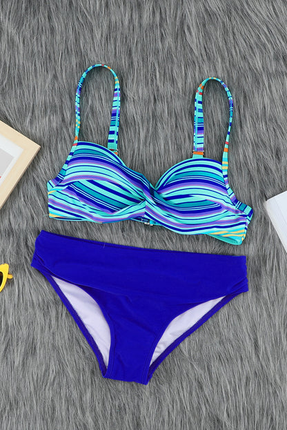 Sky Blue & Stripe Print Sexy Twisted Bikini Set