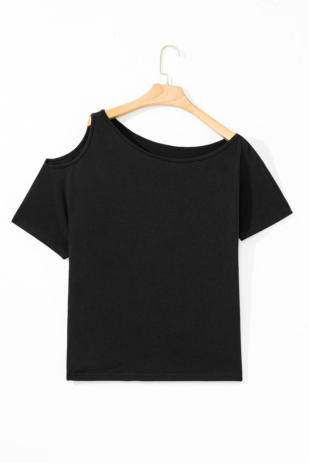 Black Solid Asymmetrical Neck Loose Casual T-Shirt