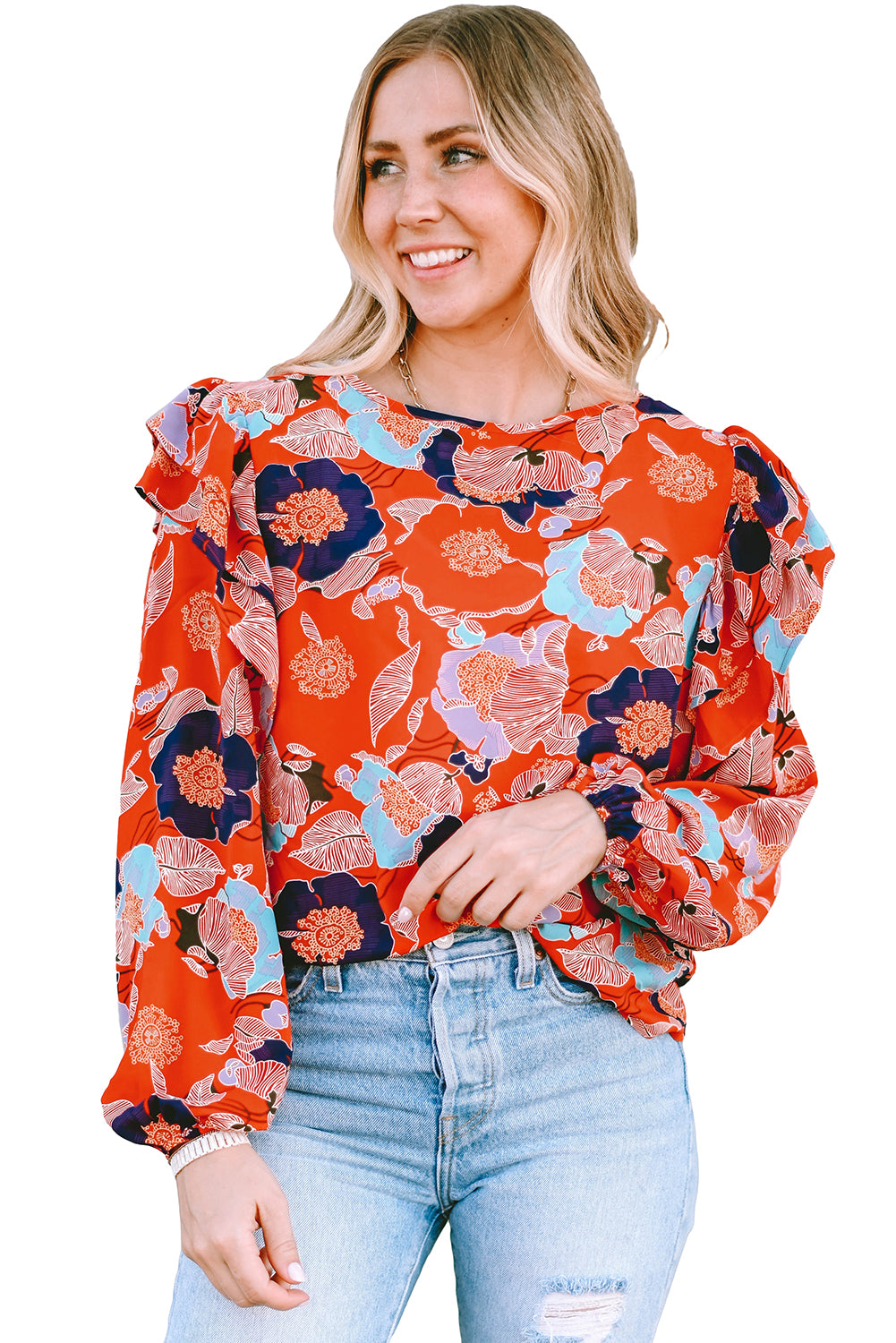 Fiery Red Floral Print Ruffle Puff Sleeve Blouse