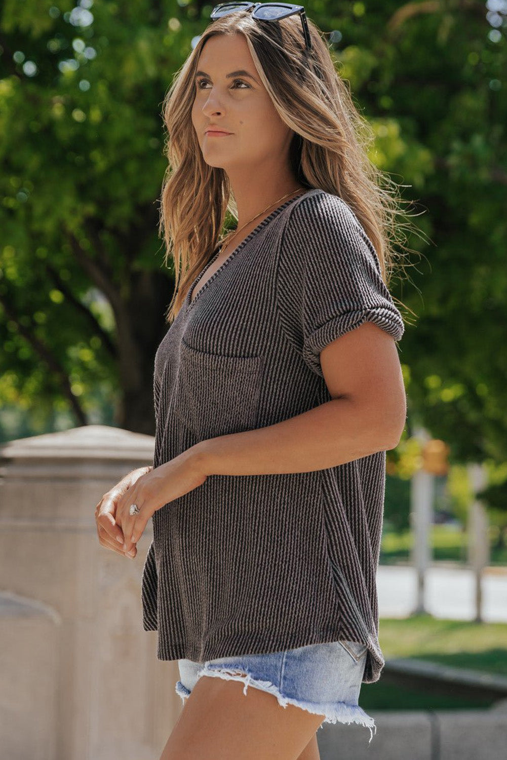 Carbon Grey Twist Short Sleeve Corded V Neck Top