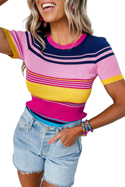 Pink Mixed Stripes Ribbed Knit Top