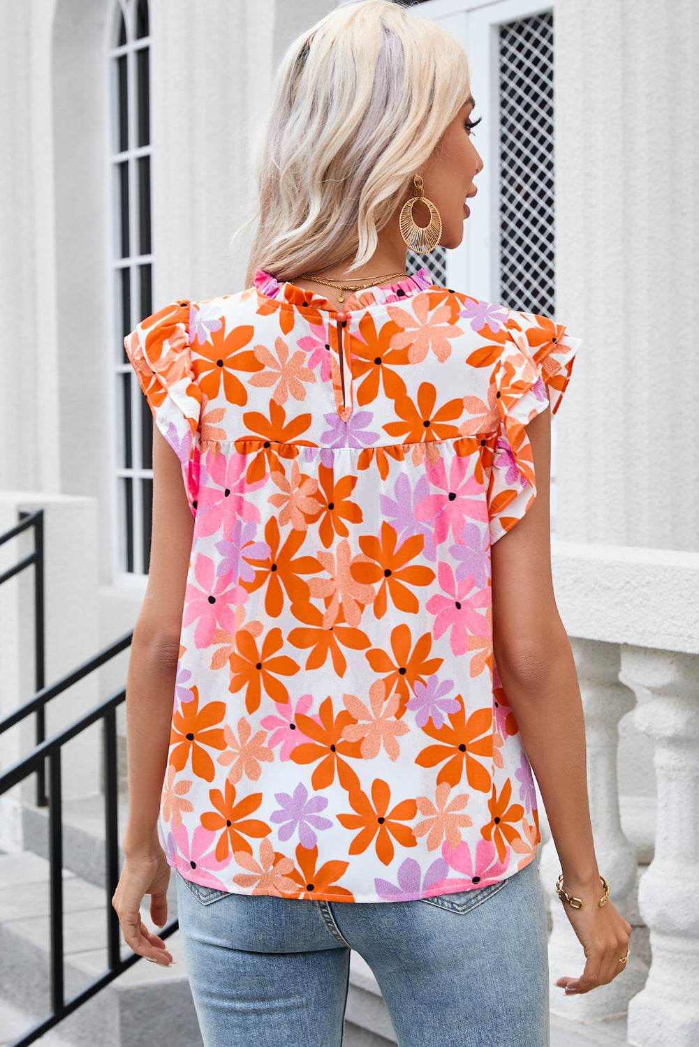 Orange Ruffled Sleeve Smocked Floral Top