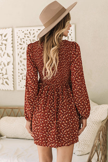 Brown Floral Smocked Bodice Mini Dress