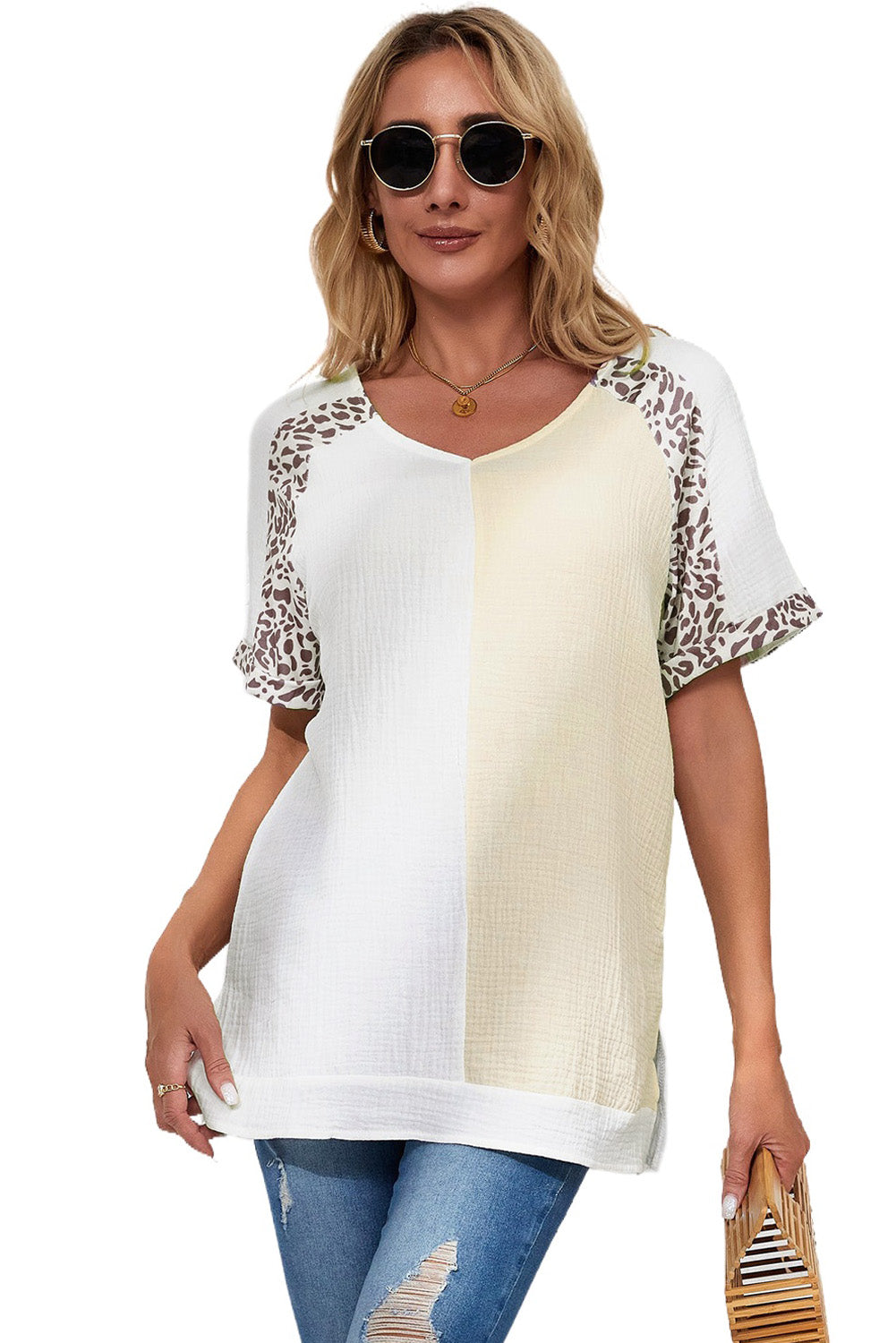 White Distressed Color Patchwork Leopard Trim Blouse