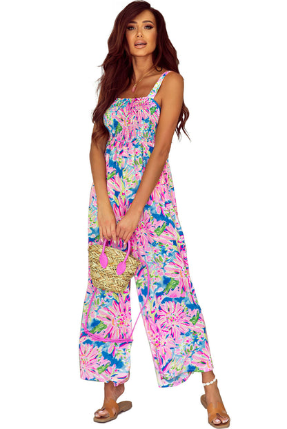 Pink Abstract Floral Painting Smocked Wide Leg Jumpsuit