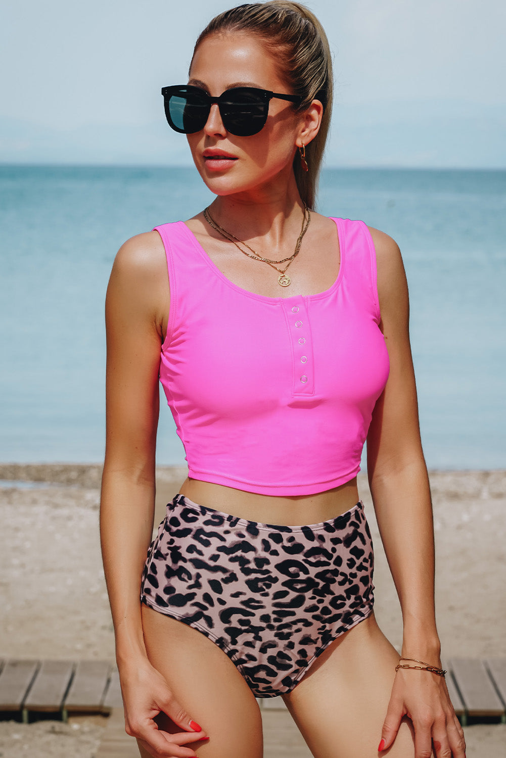 Cheetah Square Neck Sleeveless Leopard Print Tankini Set