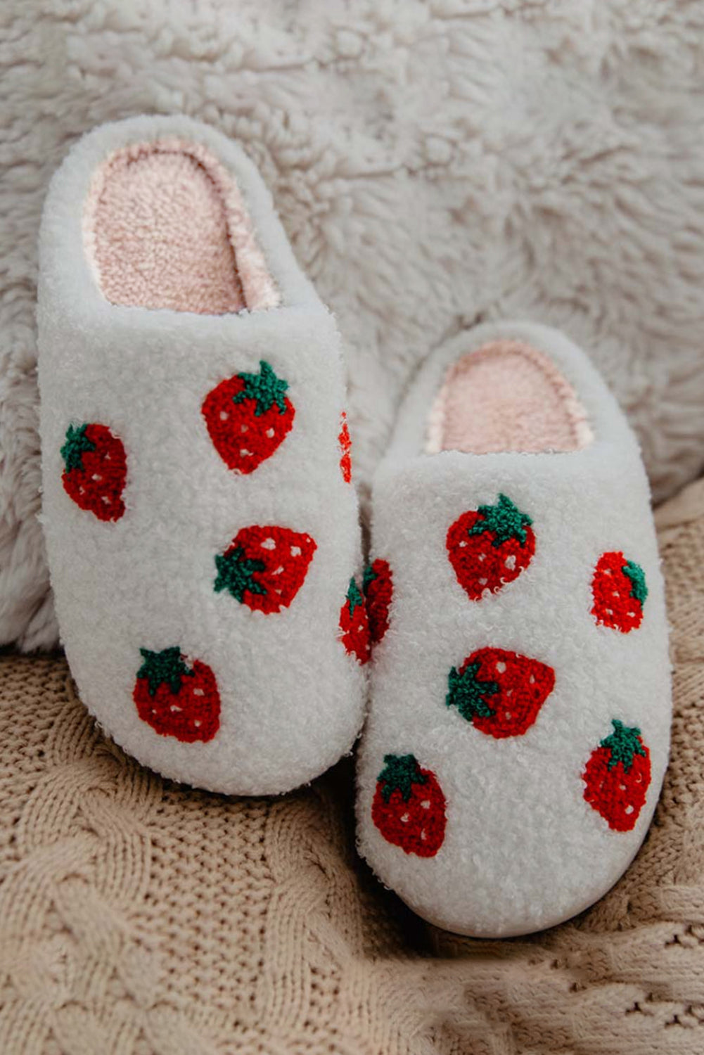 Bright White Cute Fuzzy Strawberry Pattern Home Slippers