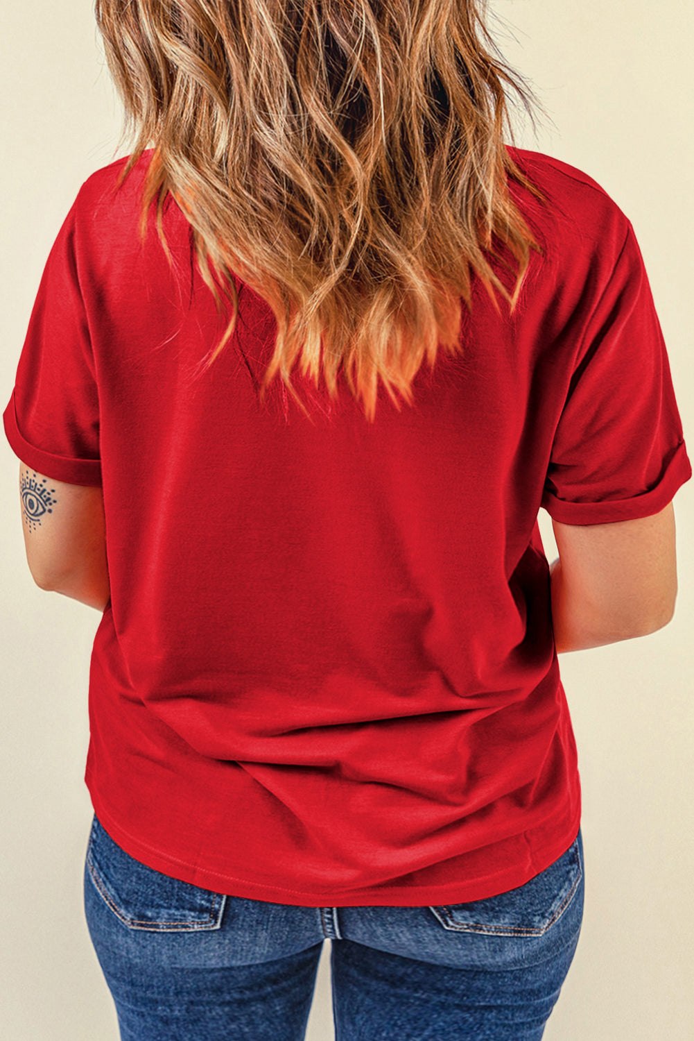 Red Casual Plain Crew Neck Tee