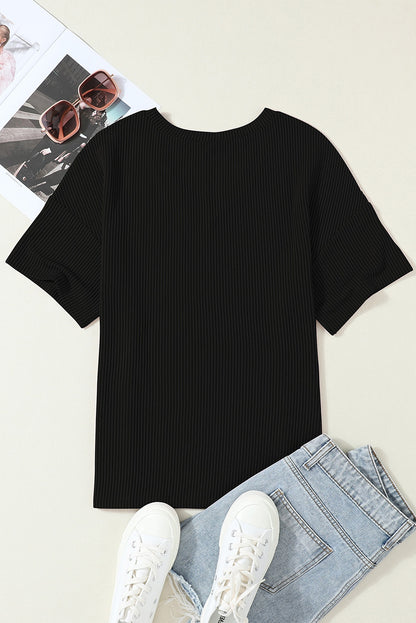 Black Corded V Neck Chest Pocket Loose T-shirt