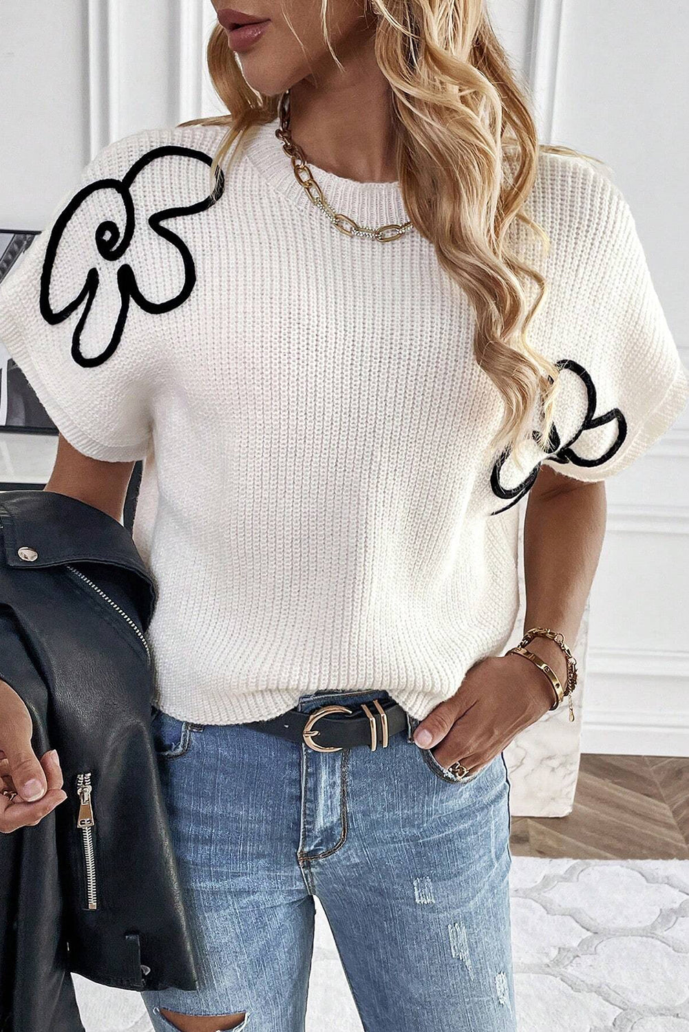 White Flower Embroidery Sweater Top