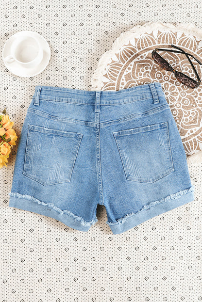 Dark Blue Casual Ripped Rolled Hem Denim Shorts