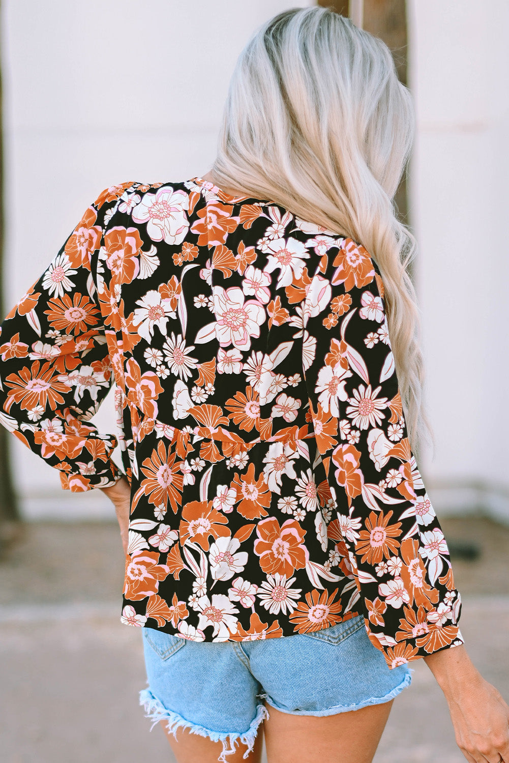 Brown Floral Print 3/4 Sleeve Babydoll Blouse