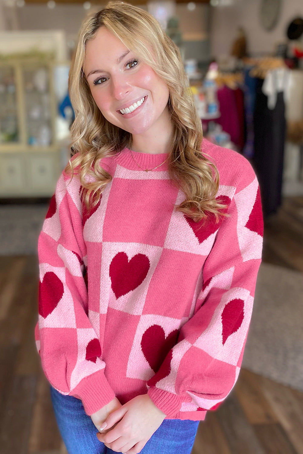 Pink Love Heart Checkered Valentine Crew Neck Sweater