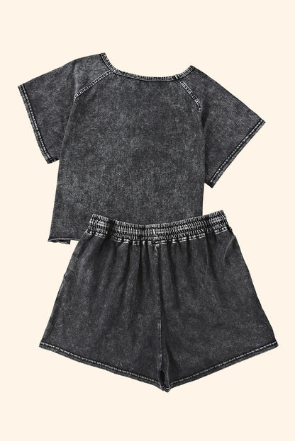 Black Acid Washed T Shirt & Drawstring Short Loungewear Set