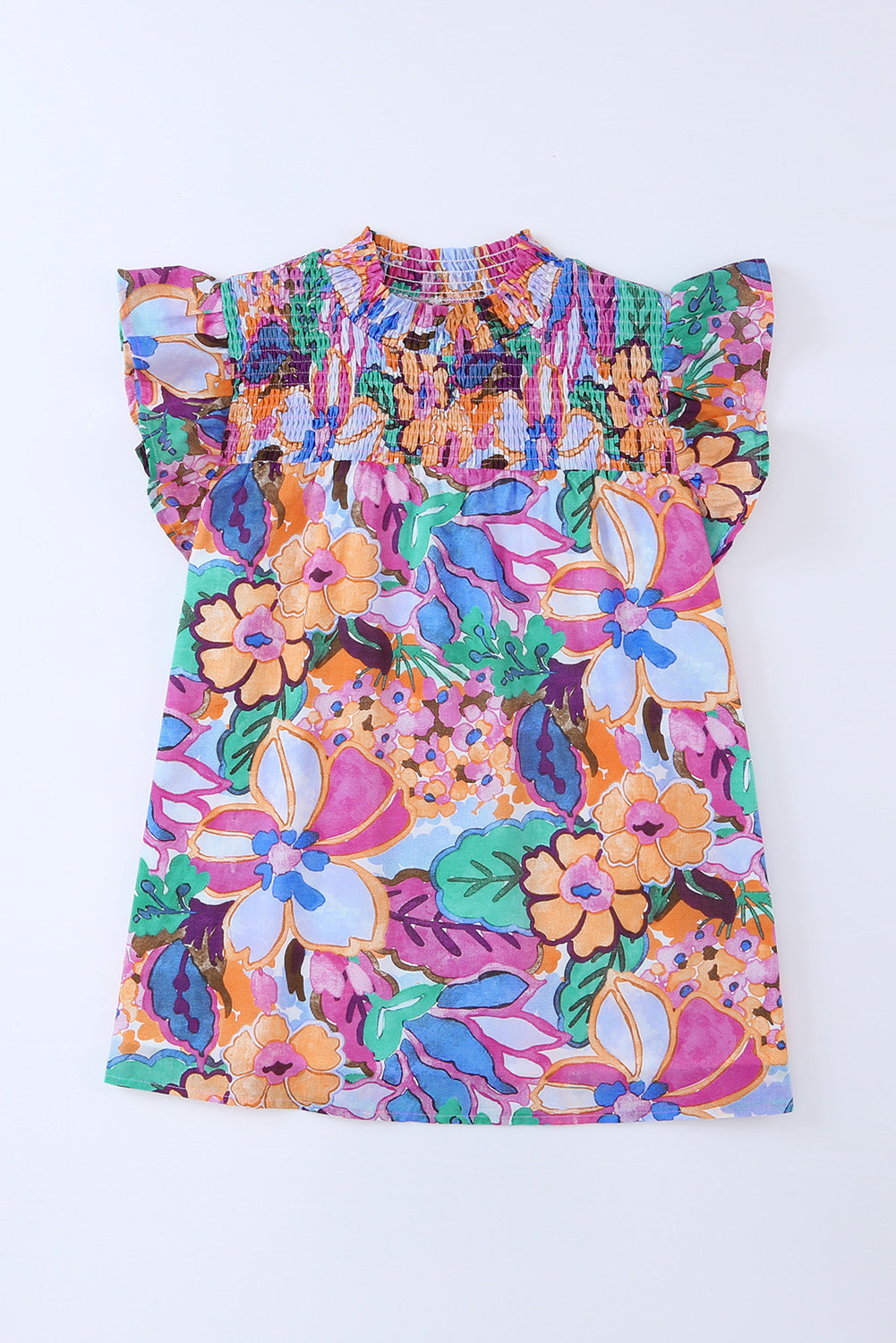 Multicolor Floral Print Flutter Sleeves Smocked Neck Blouse